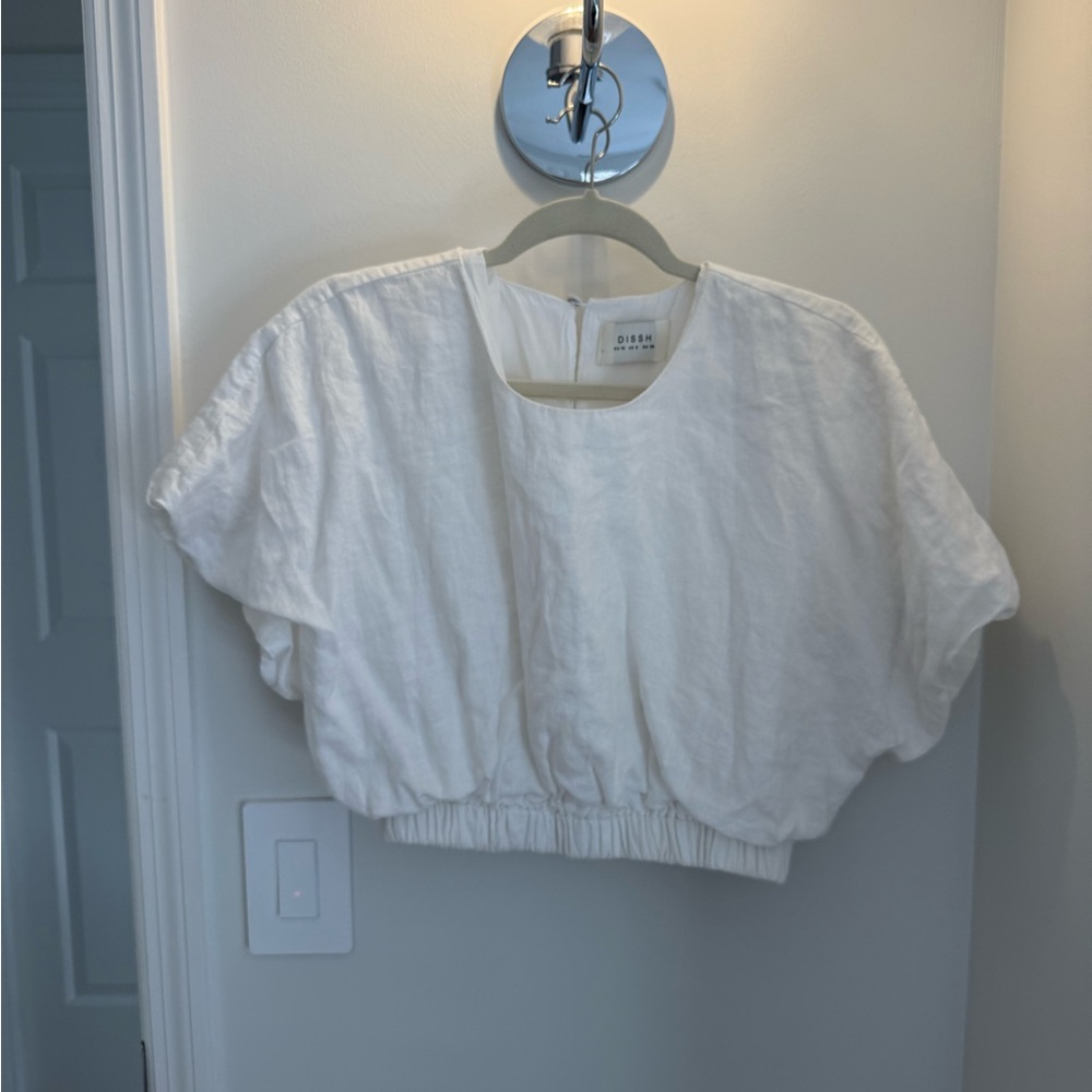 DISSH 100% Linen White Top with Elastic Hem US6